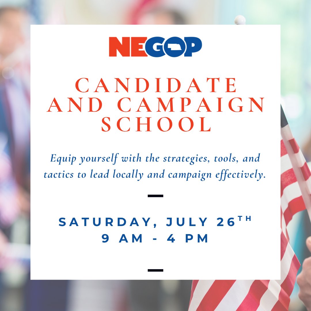 NEGOP's tweet image. 🚨Are you planning to run for office, or help someone who is? Join us for the Campaigns & Candidates School on Friday, July 26th, in Lincoln, hosted in partnership with the Republican National Committee.
This hands-on training will give you the strategies, tools, and confidence…