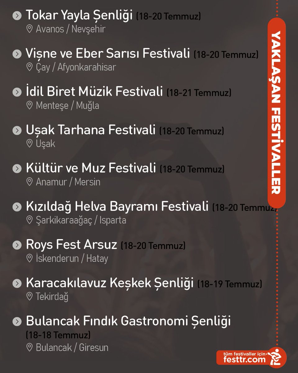 Yaklaşan festivallerin listesi 🗓️ Post'u faydalı bulduysan beğenmeyi unutma ❤️

Tüm festivaller için festtr.com