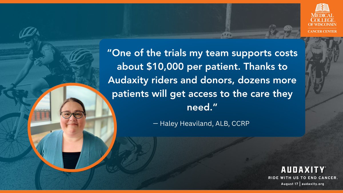 MCWCancerCenter's tweet image. Haley Heaviland knows what it means to hear “you have cancer.”
Today, she helps drive lifesaving research as a Clinical Research Manager in the @MedicalCollege Clinical Trials Office—and now, she’s bringing that passion to @rideaudaxity.
Read her story: audaxity.org/from-trials-to…