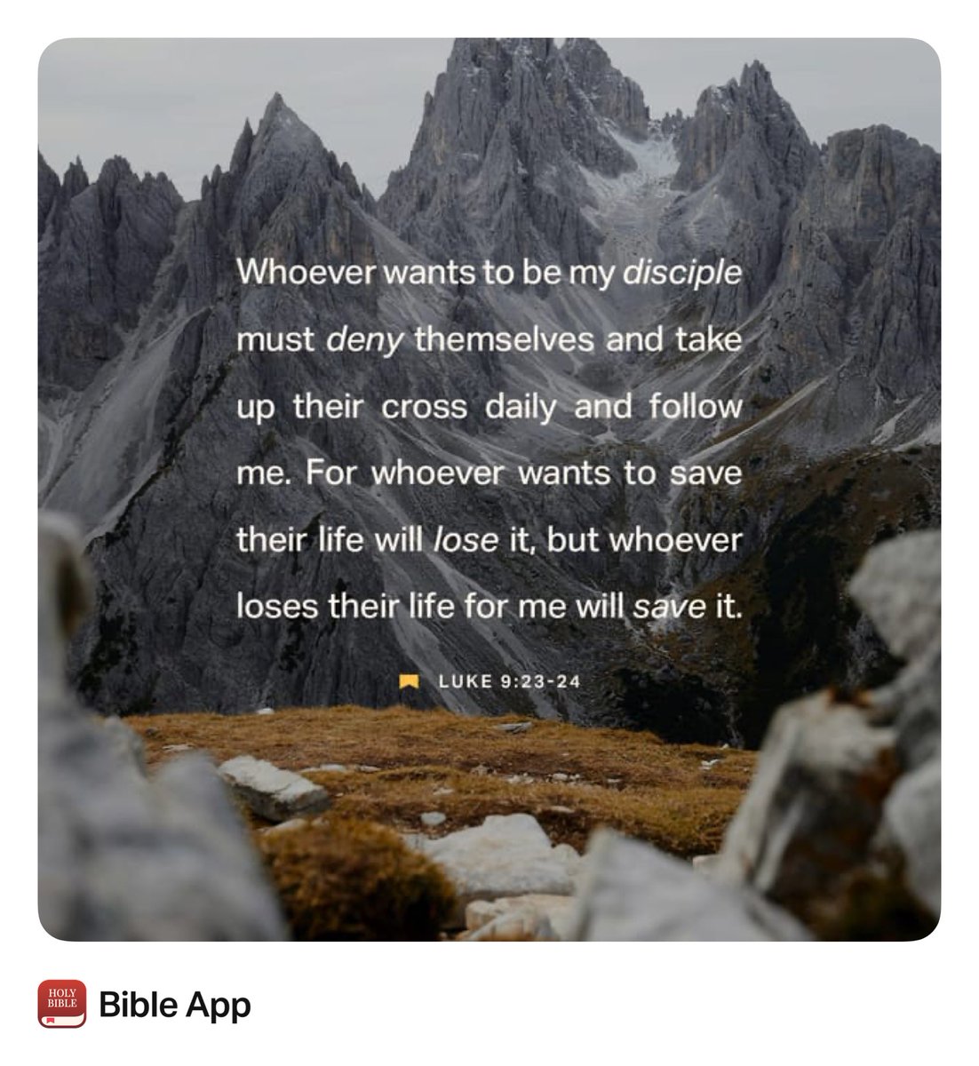 “And he said to them all, If any man will come after me, let him deny himself, and take up his cross daily, and follow me. For whosoever will save his life shall lose it: but whosoever will lose his life…”
Luke 9:23-24 KJV bible.com/bible/1/luk.9.…