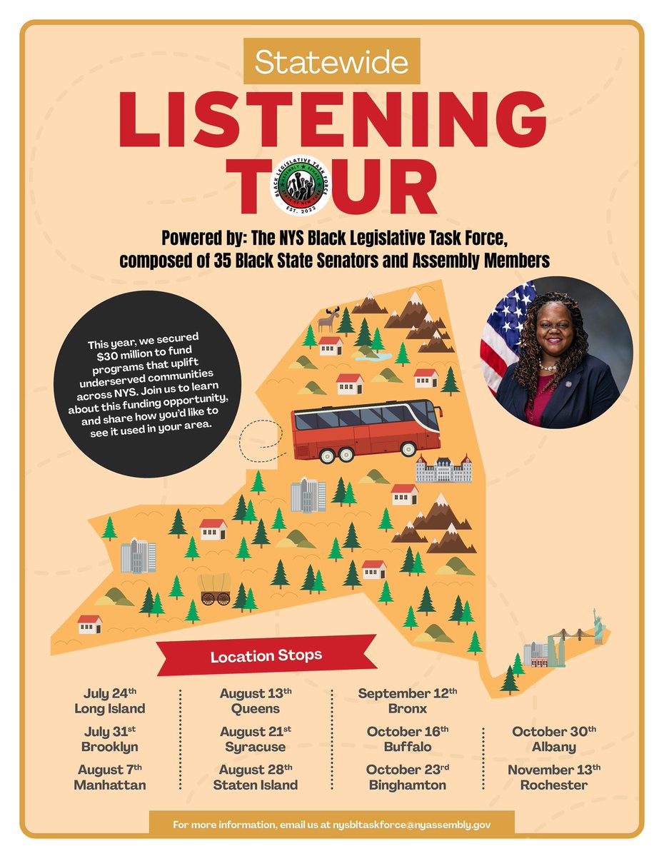 SenatorLeaWebb's tweet image. As a member of the New York State Black Legislative Taskforce, we are launching a Statewide Listening Tour to hear directly from community members on how to use funds to uplift underserved communities across New York State. The Binghamton stop will be on Thursday, October 23rd.