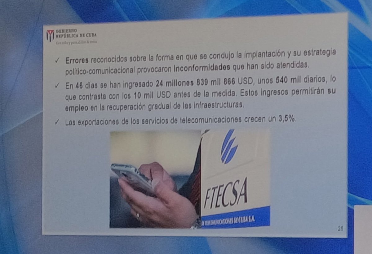 En 46 días de implementadas las medidas de ETECSA se han recaudado más de 24 millones de USD.
✍️Primer Ministro en la Asamblea Nacional del Poder Popular