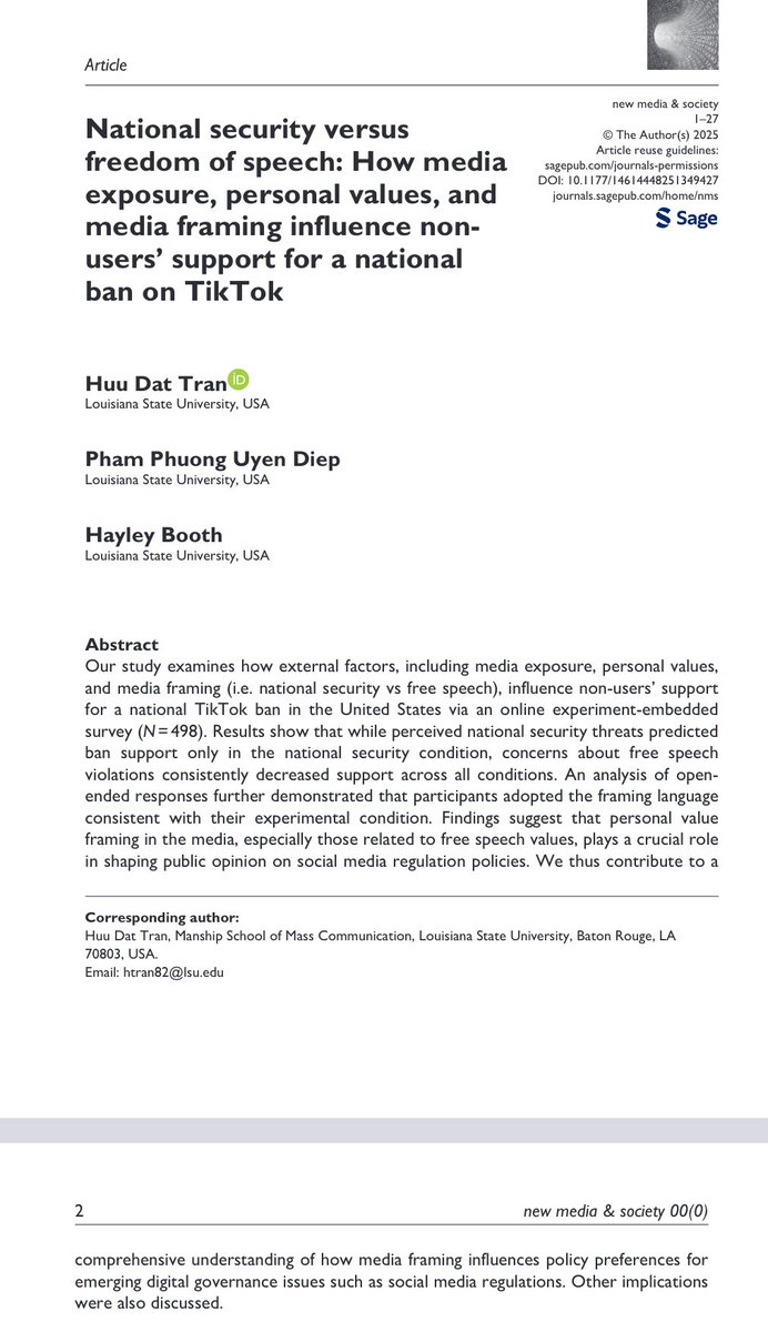 uyendpp's tweet photo. Hot off the press on New Media &amp; Society! We examined whether exposure to different news framing (ie national security vs first amendment violation) may have influenced TikTok non-users’ support for a national TikTok ban proposal in the US via an experiment-embedded survey.🧵 https://t.co/YC3zzaBlyk
