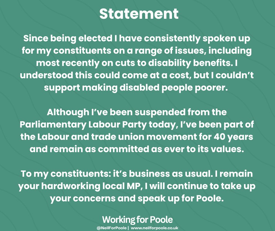 NeilForPoole's tweet image. Statement on my suspension from the Parliamentary Labour Party.