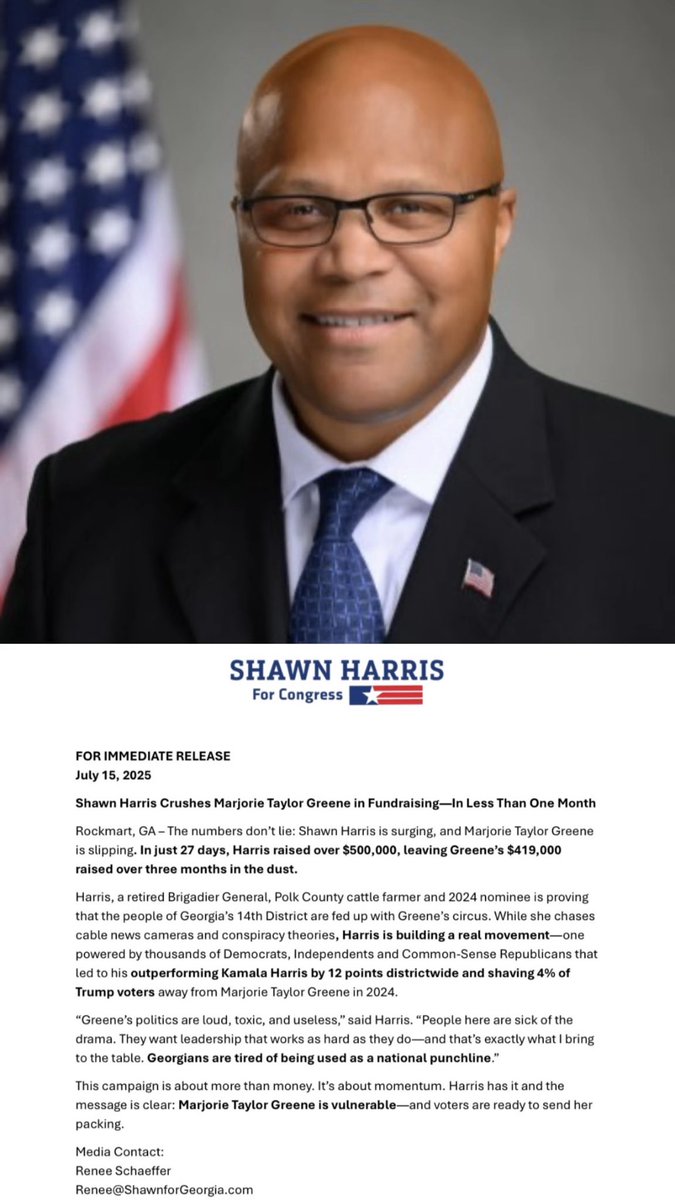 ShawnForGeorgia's tweet photo. HUGE NEWS: We outraised Marjorie Taylor Greene in less than a month and it’s all because of YOU. $500,000+ raised in 27 days - and she had THREE months. Momentum is real. We just dropped this press release, but I needed to thank you personally. Leadership Matters! https://t.co/g1hCsNhtXY