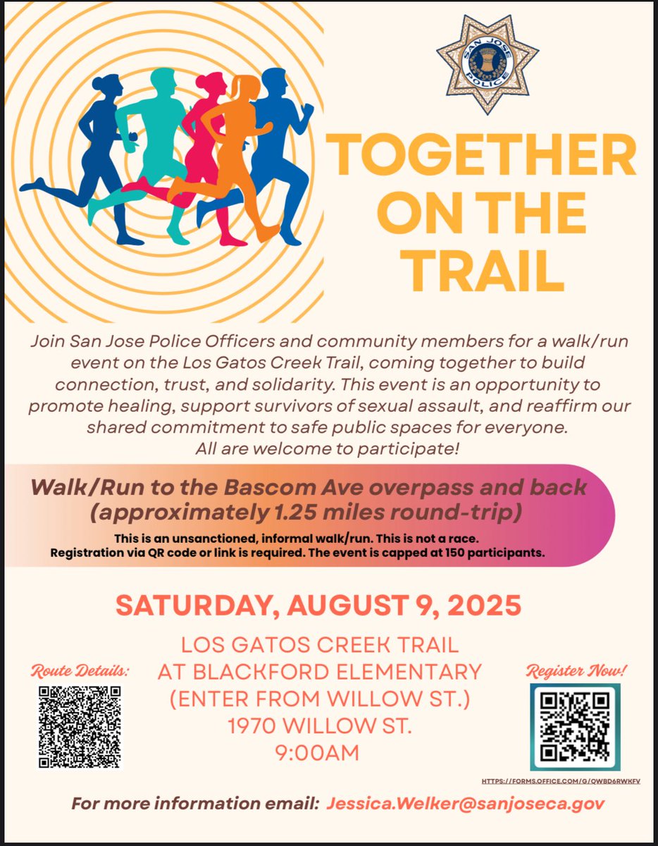 SanJosePD's tweet image. Join San José Police Officers and community members for a walk/run event on the Los Gatos Creek Trail, coming together to build connection, trust, and solidarity. This event is an opportunity to promote healing, support survivors of sexual assault, and reaffirm our shared…
