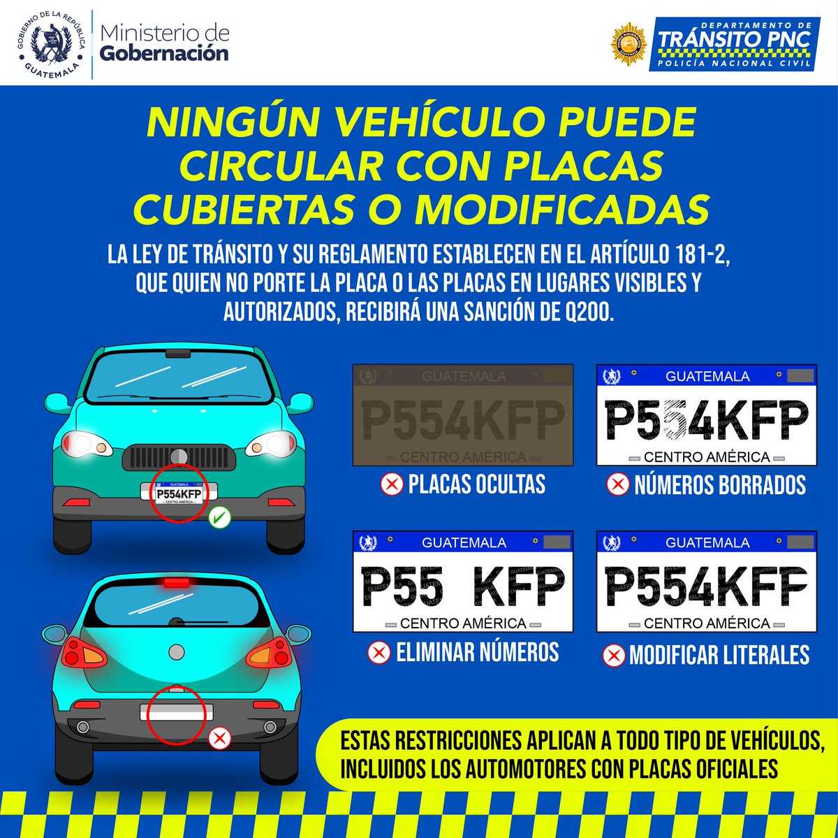 DTransitoPNC's tweet photo. 🚨⚠INFORMACIÓN IMPORTANTE👮🚓
Ningún vehículo particular u oficial está autorizado para portar placas ocultas o deterioradas que impidan su visualización. 🫡
#TránsitoPNCenAcción #placas #modificadas #circular #sanción #guatemala https://t.co/N7WYimW8bG