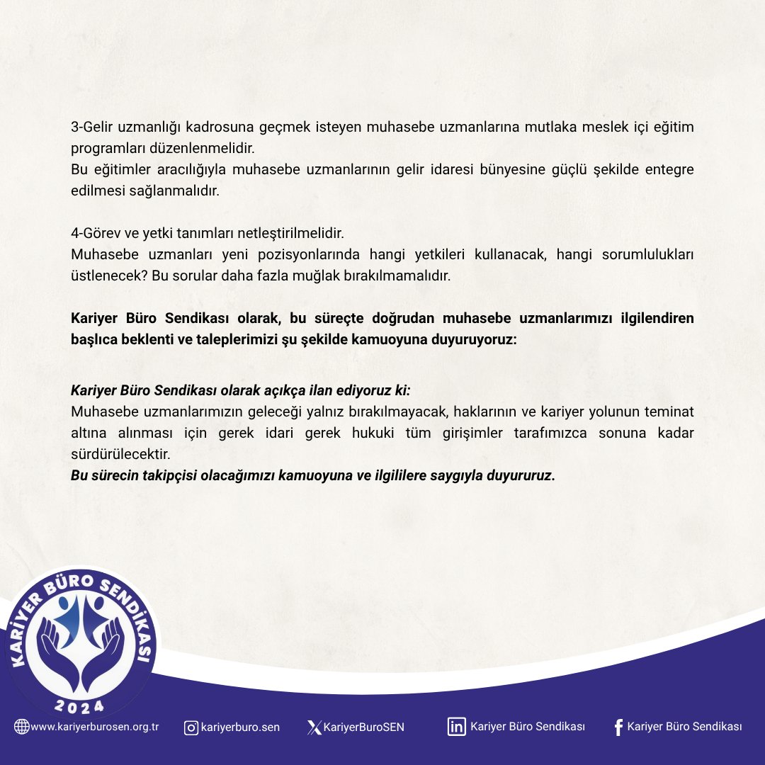 Muhasebe Uzmanlarımızın Geleceği Konusunda Sendikamızın Açık Çağrısı

Hazine ve Maliye Bakanlığı tarafından taşra teşkilatında başlatılan yeniden yapılanma kapsamında ülke genelindeki Mal Müdürlüklerinin kapatılması ve işlemlerinin Defterdarlıklara devredilmesi, muhasebe