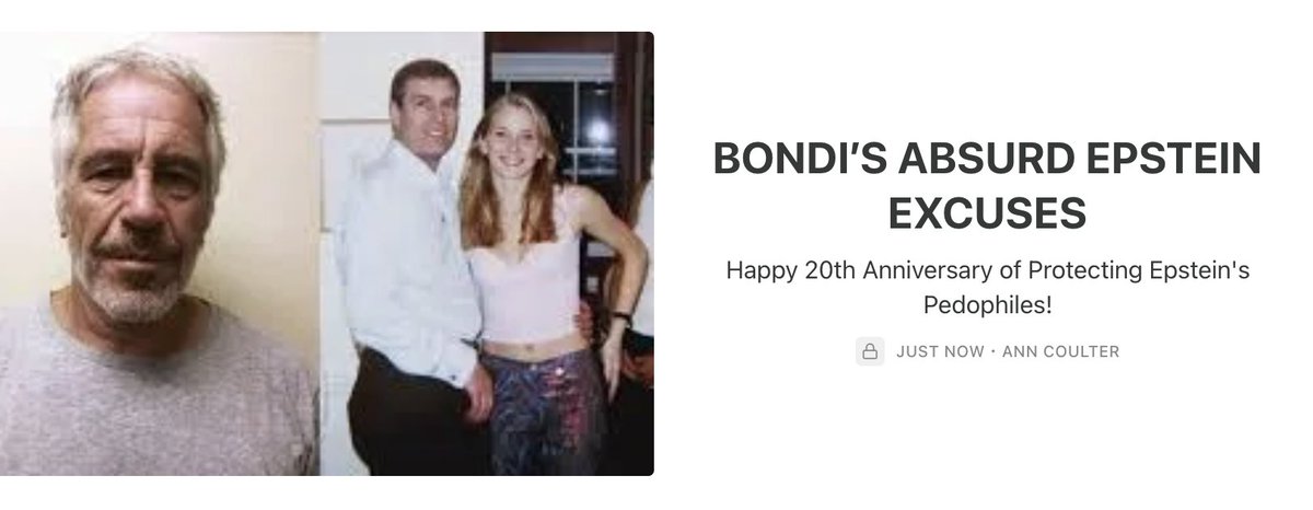 AnnCoulter's tweet image. NEW COLUMN IS POSTED! 'Bondi’s Absurd Epstein Excuses' #Epstein, #EpsteinFiles, #EpsteinList
Link: shorturl.at/59PAp