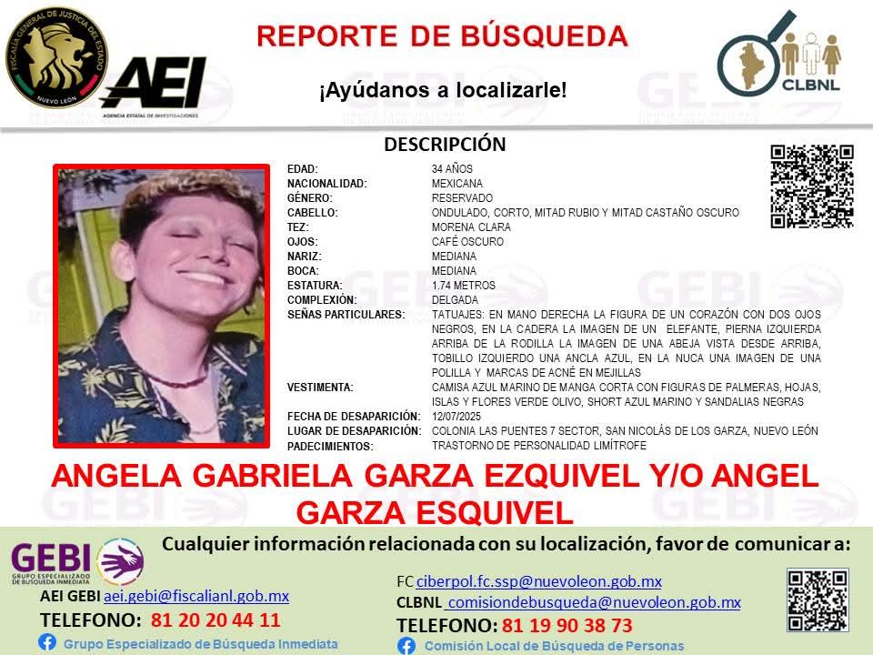 NUESTRO HERMANO TRANS SIGUE SIN APARECER, POR FAVOR DIFUNDIR 🏳️‍⚧️⚠️

Esta es la ficha de búsqueda, como aclaración ❗ Su nombre es Ánge y no Ángel pero por razones legales ya no se puede cambiar la ficha ❗