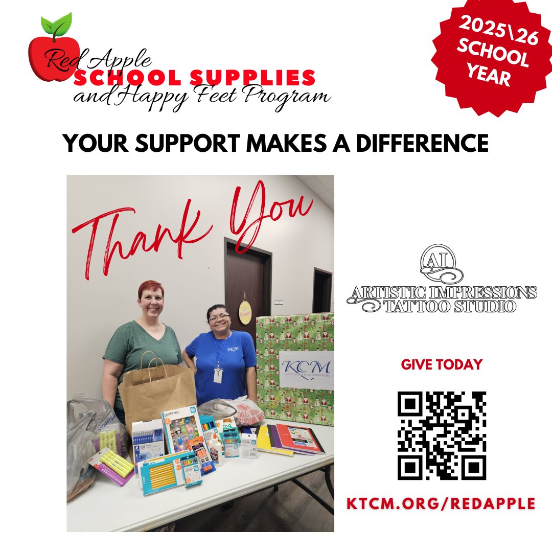 🎒✨ Thank You, Brianna Torres &amp; Artistic Impressions Tattoo Studio! ✨🎒

Want to make a difference too? Join the movement and donate today at 👉 KTCM.org/redapple

 #ThankYou #BackToSchool #SchoolSupplies #KCMRedApple