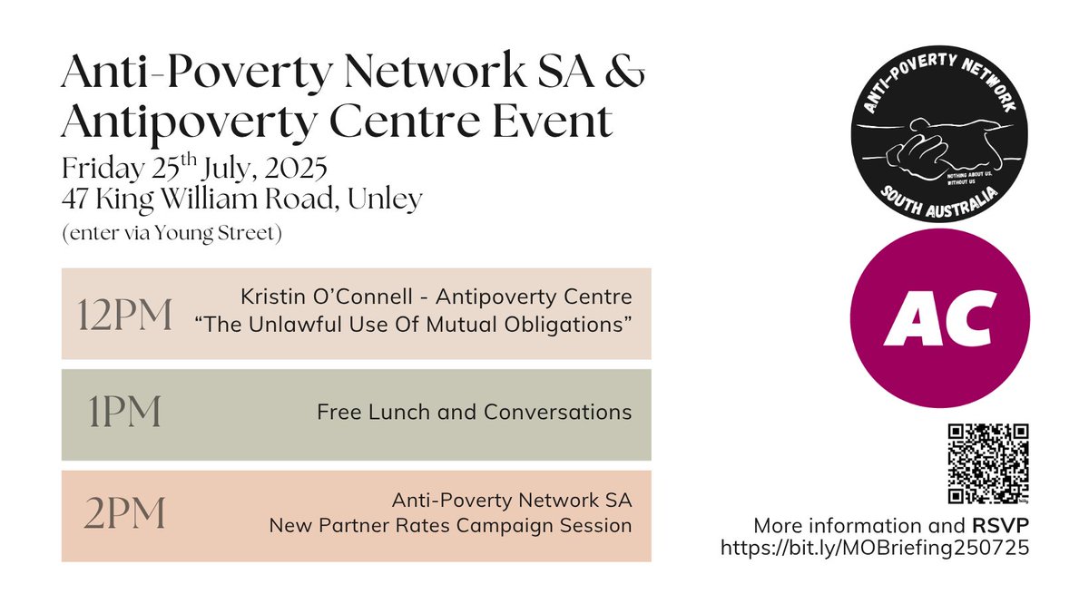 Anti-Poverty Network SA (@antipovertyn_sa) on Twitter photo Join the <a href="/antipovertycent/">Antipoverty Centre</a> and Anti-Poverty Network SA for a critical briefing in Adelaide on the current state of the compulsory activities known as mutual obligations as the government faces a potential Robodebt-scale disaster.
More info & RSVP: bit.ly/MOBriefing2507⦠Join the <a href="/antipovertycent/">Antipoverty Centre</a> and Anti-Poverty Network SA for a critical briefing in Adelaide on the current state of the compulsory activities known as mutual obligations as the government faces a potential Robodebt-scale disaster.
More info & RSVP: bit.ly/MOBriefing2507ā¦