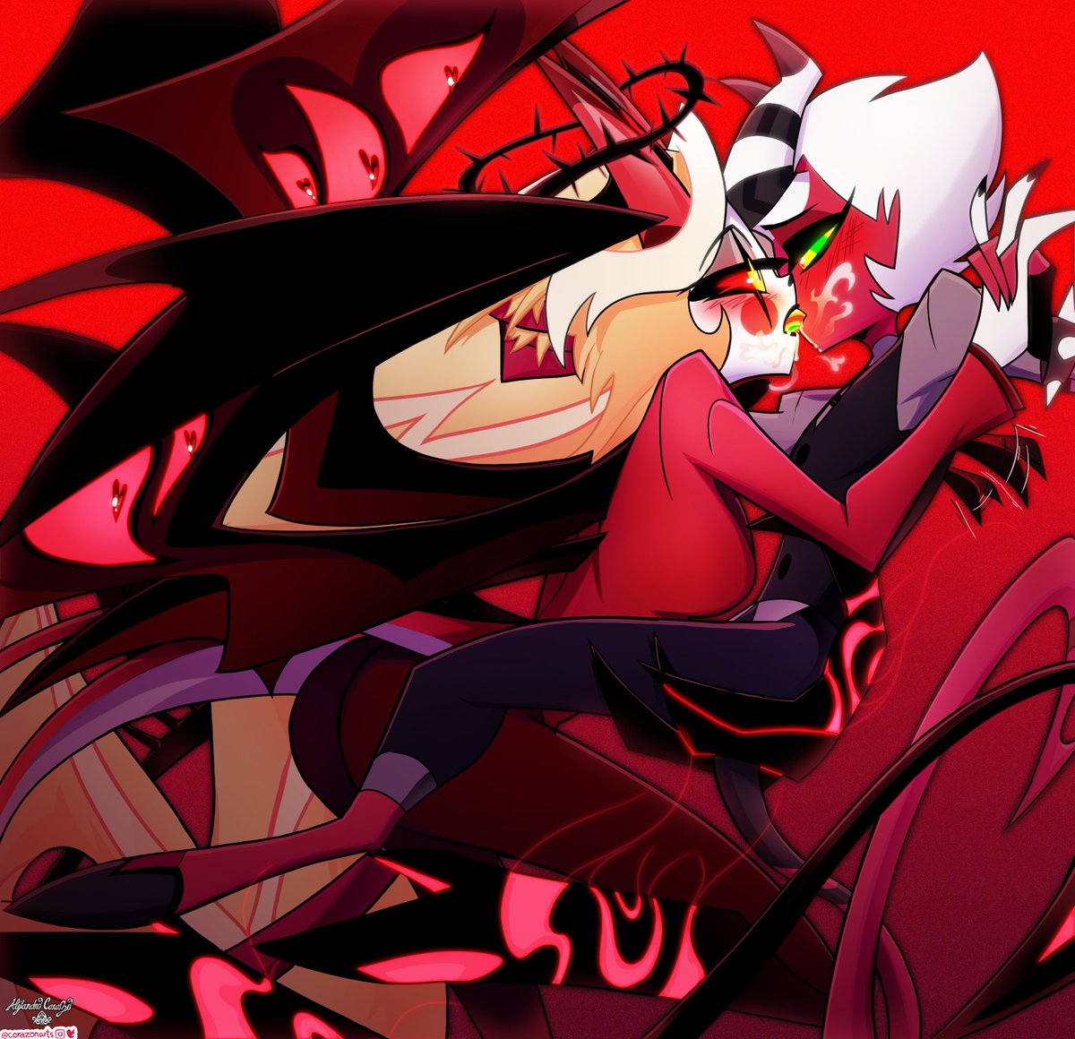 CorazonArts's tweet photo. 2nd goal met! But #Charlie isn't done with #Aless yet! Her burning love for him forced her into her Nephilim Form, and Aless is very into it.
Charlie form design by @SatorRotas 
#HazbinHotelFanart #HazbinHotelOC #HazbinHotelCharlie #Hellaverse #HazbinHotel #Ocxcanon #ScytheStar https://t.co/mrjX5UYzOV