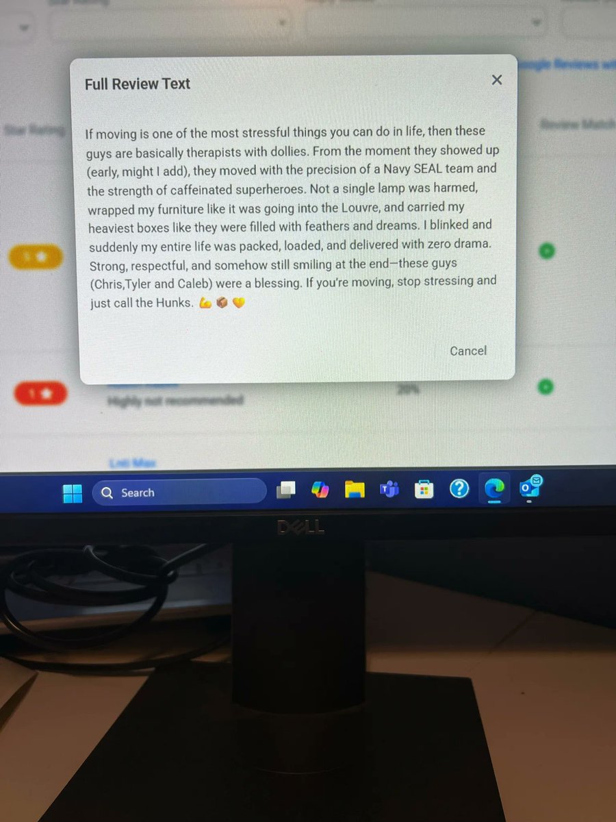 When your movers get compared to Navy SEALs and museum curators in the same sentence...

“They moved with the precision of a Navy SEAL team and wrapped my furniture like it was going into the Louvre.”

Shout-out to Chris, Tyler, and Caleb for turning stress into smiles.