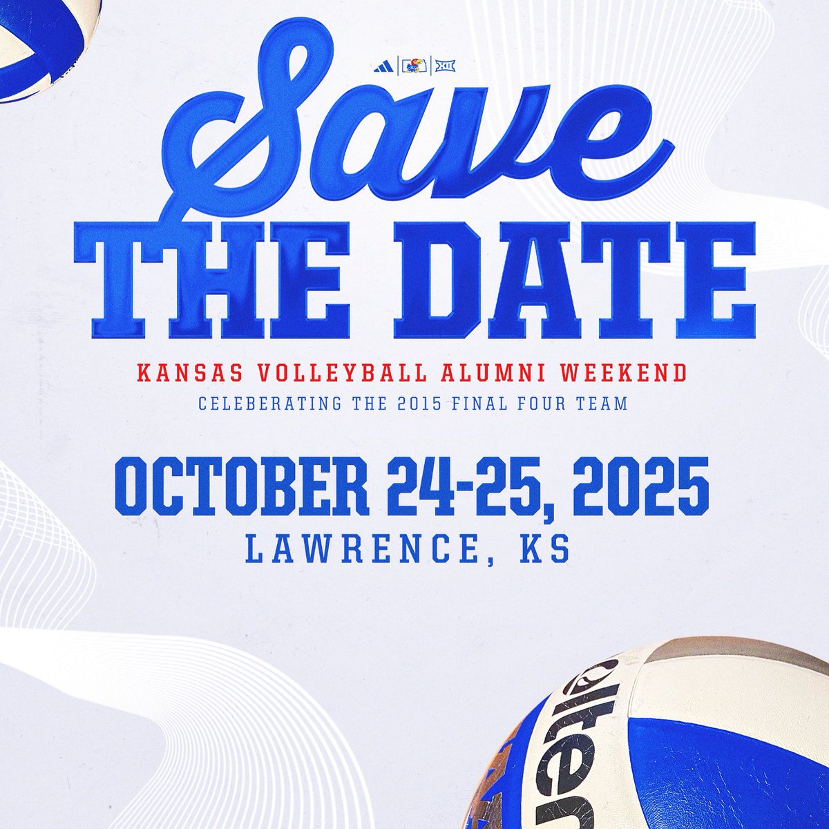 Calling all Jayhawk Volleyball alumni🏐

We’re excited to welcome you back for Kansas volleyball alumni weekend we celebrate the 2015 Final Four Team!🙌🏻

Reconnect with former teammates, share your Jayhawk pride and experience the energy of KU volleyball all over again❤️💙