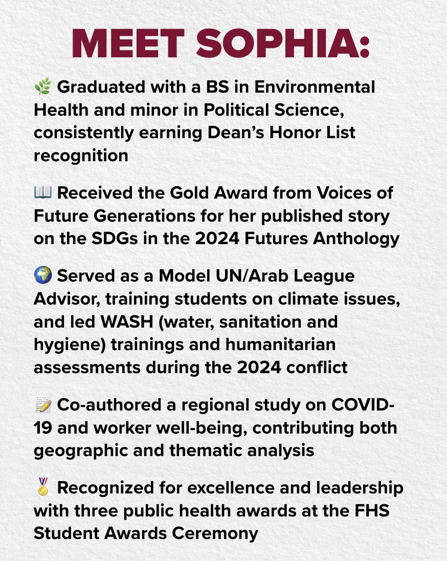 DiscoveringAUB's tweet image. This week’s Student Spotlight features Sophia Jalkh, a recent AUB Environmental Health graduate whose leadership, research, and advocacy for climate justice and public health have earned her multiple awards and recognition.