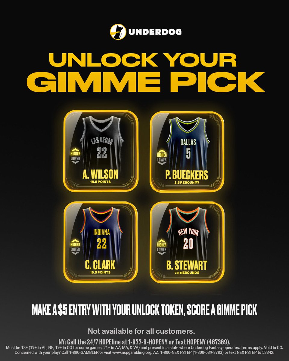 UnderdogPicks's tweet image. Gimme Pick Unlock 🔓 🎁
Use your Unlock Token on a minimum $5 WNBA entry to earn a Gimme Pick 🙌