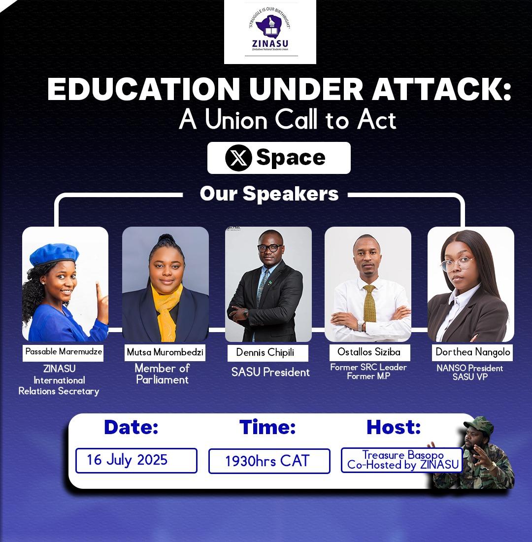 🔵EDUCATION UNDER ATTACK

Join the Union today as we converge for a conversation of call to action.

The space will feature seasoned student leaders from the region, former student leaders, current leaders and Parliamentary Officers.

Tune in exactly at 730pm 

#NowOrNever