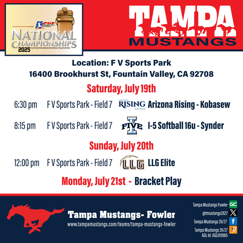 Tampa Mustangs Fowler (@tmustangs2627) on Twitter photo The #StangGang continued to play great at Legacy Alex Wilcox Invitational, finishing 6th overall! For the final tourney of summer, we head to PGF Premier Nationals. See you Saturday! <a href="/ExtraInningSB/">EXTRA INNING SOFTBALL</a> <a href="/LineDsoftball/">Line Drive Media</a> <a href="/los_stuff/">Carlos Arias</a> <a href="/D1Softball/">D1Softball</a> @On3Recruits <a href="/TeamNJSoftball/">Team NJ Softball</a> <a href="/PGFnetwork/">PGF</a> The #StangGang continued to play great at Legacy Alex Wilcox Invitational, finishing 6th overall! For the final tourney of summer, we head to PGF Premier Nationals. See you Saturday! <a href="/ExtraInningSB/">EXTRA INNING SOFTBALL</a> <a href="/LineDsoftball/">Line Drive Media</a> <a href="/los_stuff/">Carlos Arias</a> <a href="/D1Softball/">D1Softball</a> @On3Recruits <a href="/TeamNJSoftball/">Team NJ Softball</a> <a href="/PGFnetwork/">PGF</a>