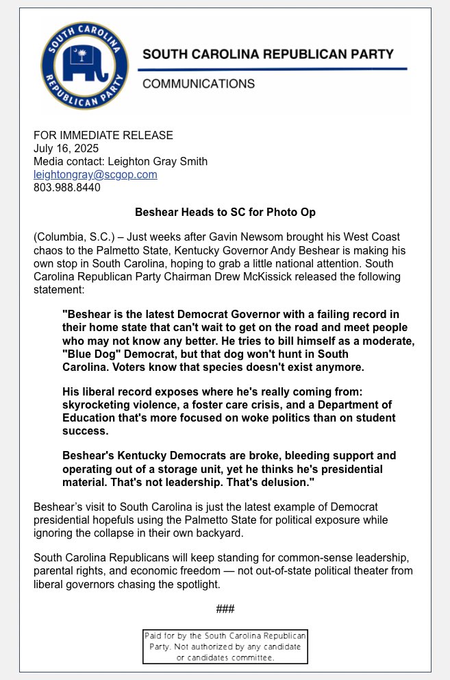 SCGOP's tweet image. Statement from SCGOP Chairman @DrewMcKissick on Andy Beshear’s visit to South Carolina.