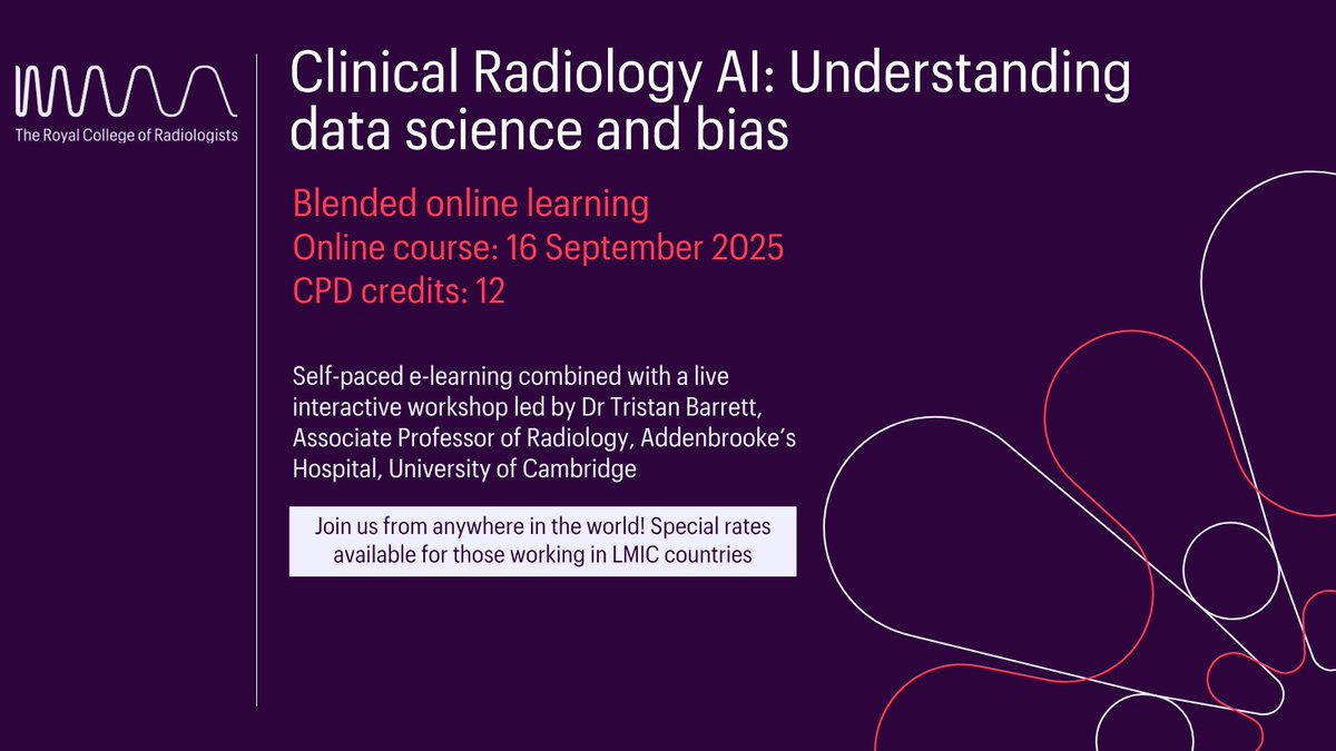 RCRadiologists's tweet image. This September, learn about the world of AI in radiology and healthcare:
👉 Understand AI fundamentals
👉 Compare AI techniques
👉 Learn how models are built and why data matters
👉 Explore bias, open data and AI grand challenges
Book now: tinyurl.com/488k38mm
