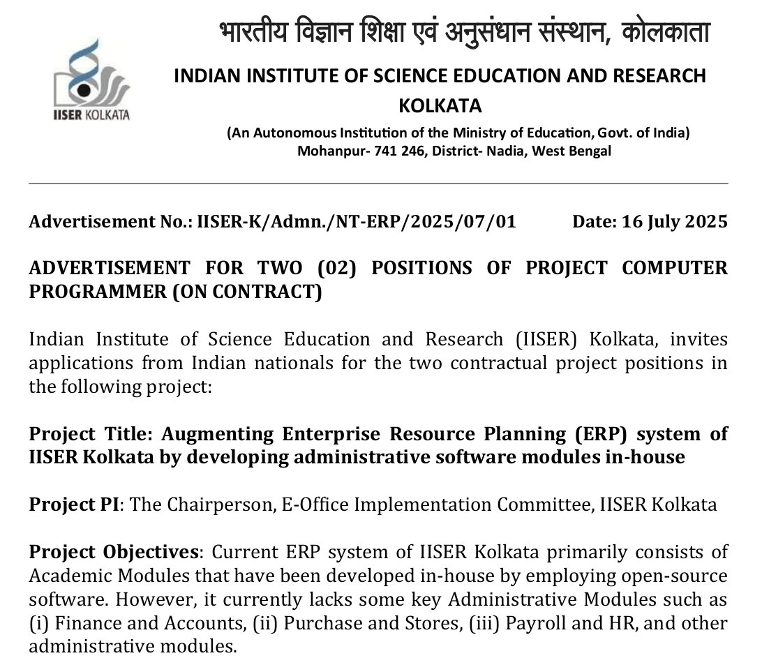 iiserkol's tweet image. ADVERTISEMENT FOR TWO POSITIONS OF PROJECT COMPUTER PROGRAMMER AT IISER KOLKATA

APPLICATION DEADLINE: 5 AUGUST 2025

More details are available at the following link: 
apply.iiserkol.ac.in/jobs/docs/07_2…

@EduMinOfIndia @PTI_News @PIB_India 
@skkhare781 @priyank_june