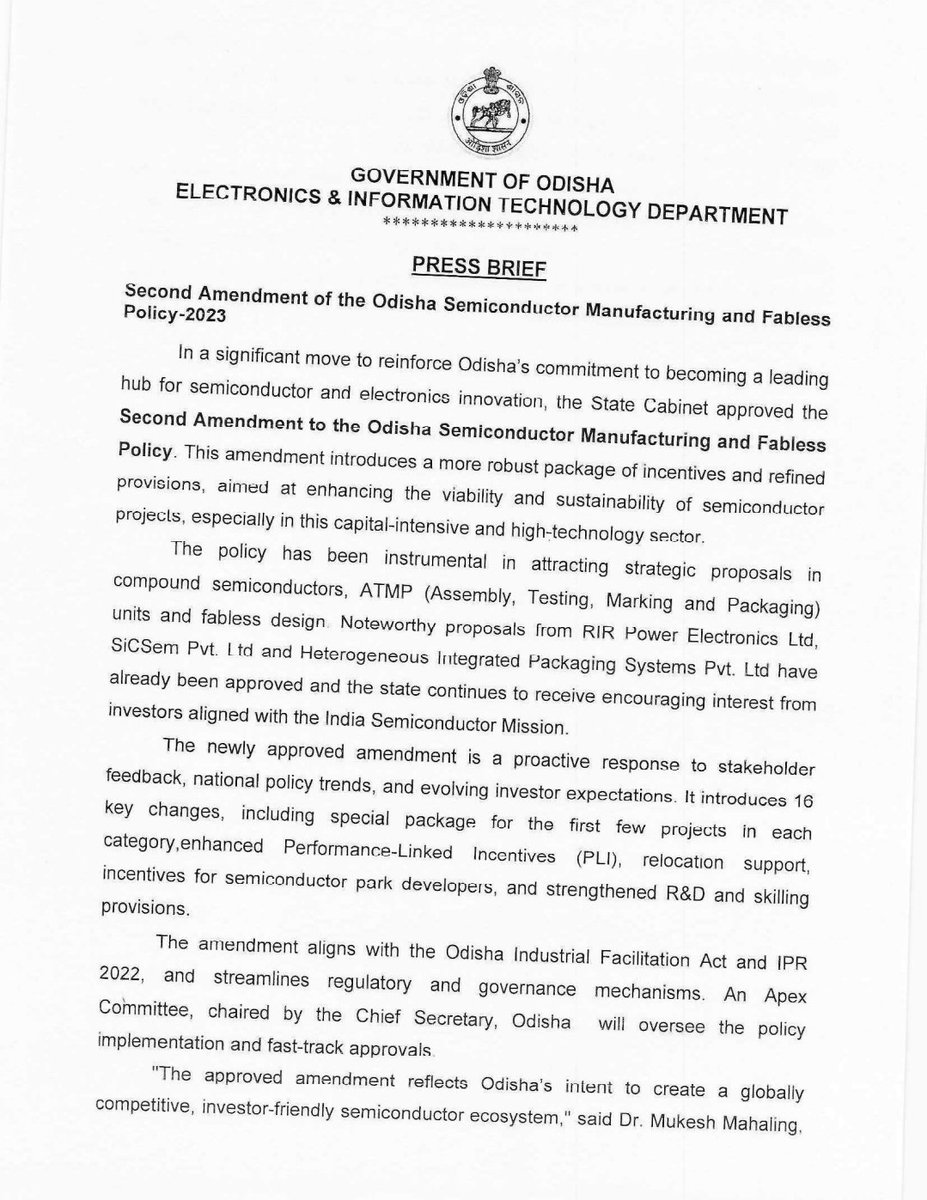 #Odisha govt to offer more package of incentive for semiconductor project as Cabinet approves amendment in Odisha Semiconductor Manufacturing &amp; Fabless Policy, 2023