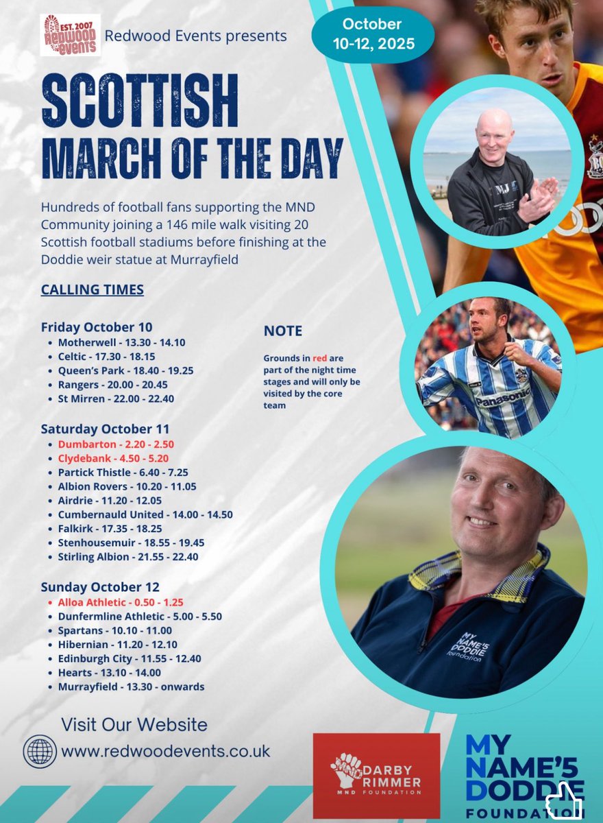 Redsmail's tweet photo. On October 10-12, football &amp; rugby union in Scotland are coming together in the battle to fund research into a cure for MND. Already 10 ex-pros are signed up. 

Hoping over 500 will join this event &amp; support @DarbyRimmerMND &amp; @MNDoddie5. Join us!

https://t.co/uOf3K1W7Vo https://t.co/OaXELMUNi1