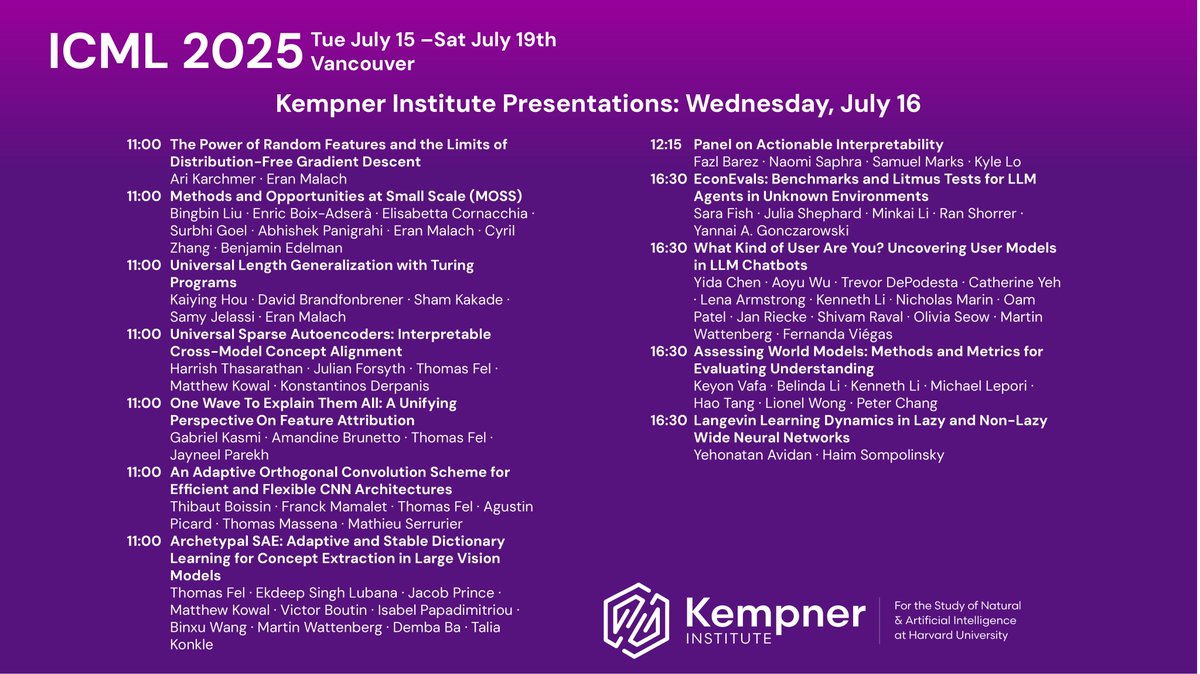 KempnerInst's tweet image. If you're attending #ICML2025, check out today's presentations from the #KempnerInstitute!
#AI #NeuroAI