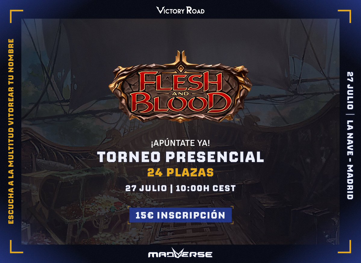 ¡Tendremos torneo de Flesh and Blood en Madverse! ⚔️

🗓️  27 de julio, La Nave (Madrid)
👥 24 jugadores
🎁 ¡Premios por anunciar!

➡️ Inscripciones presenciales a las 10:00 de la mañana

¡Pásate a jugar!