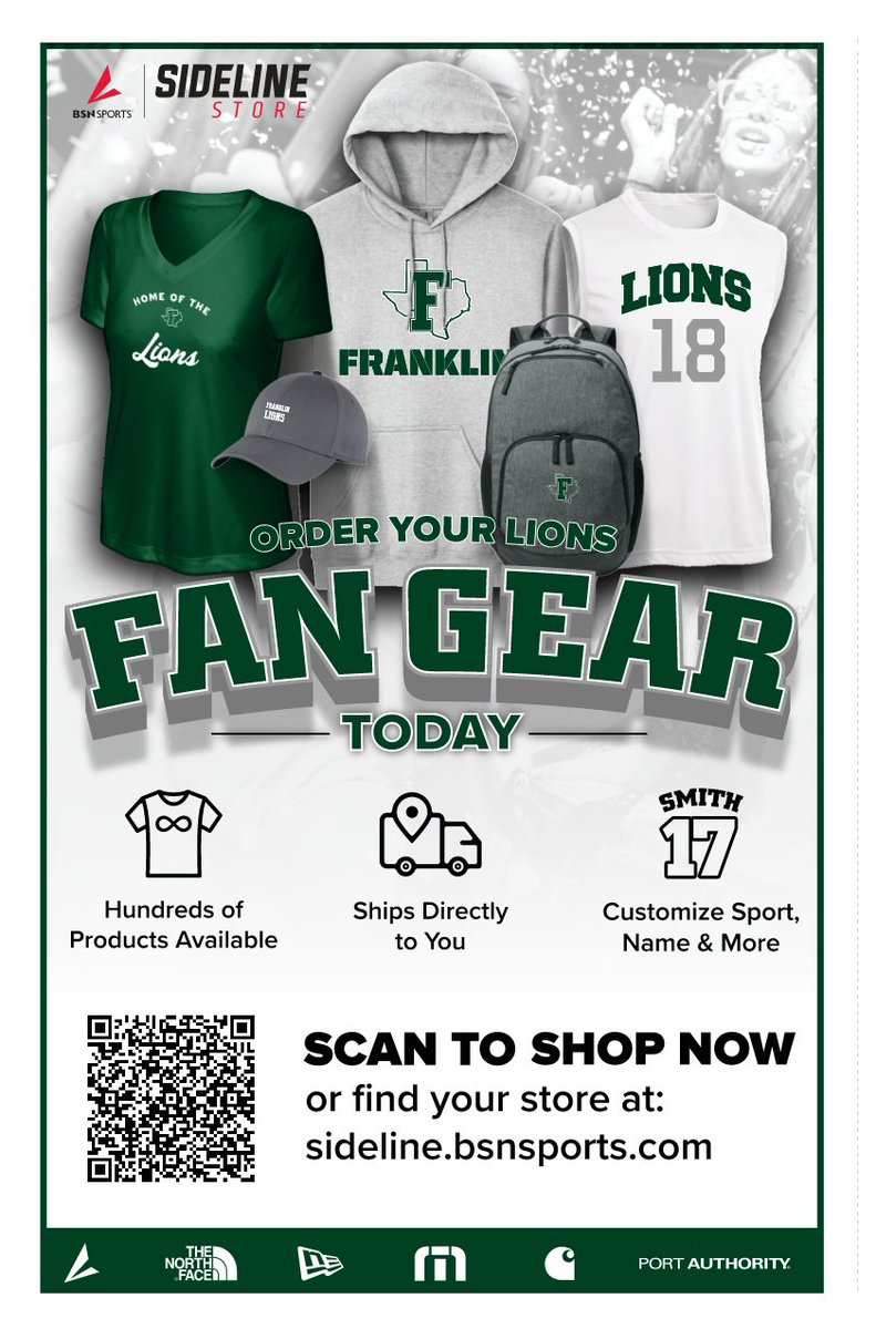 FranklinISD's tweet image. Get your Franklin Lion fan gear TODAY! Scan the QR code or click the link here! bit.ly/4nY5QkS