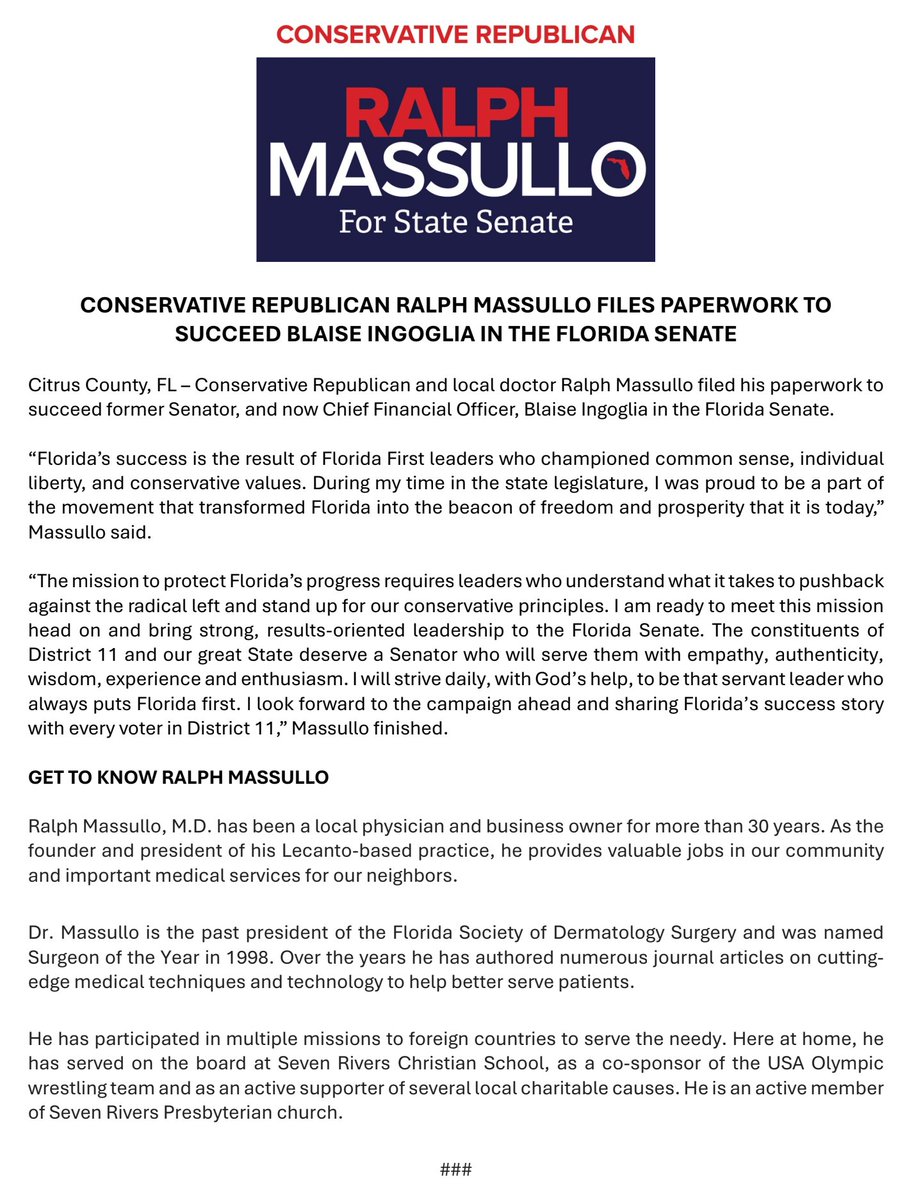 America First Insight (@af_insight) on Twitter photo Republican Rep. <a href="/RalphMassullo/">Ralph Massullo</a> looks to succeed <a href="/GovGoneWild/">Blaise Ingoglia</a> in the Florida State Senate.
Governor Ron DeSantis has already endorsed Ralph Massullo. Republican Rep. <a href="/RalphMassullo/">Ralph Massullo</a> looks to succeed <a href="/GovGoneWild/">Blaise Ingoglia</a> in the Florida State Senate.
Governor Ron DeSantis has already endorsed Ralph Massullo.