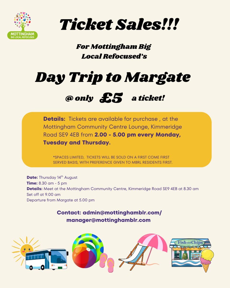 🚨 Reminder: Tickets Selling! 

Tickets are £5 each! 💷 Visit us Mon, Tue, or Thu afternoons at Mottingham Community Centre SE9 4EB to purchase

Questions? DM or email admin@mottinghamblr.com / manager@mottinghamblr.com. 📩

#coachtrip #mottinghambiglocalrefocused
