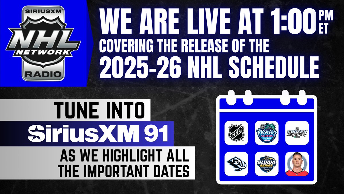 Join us at 1pm ET for the 2025-26 NHL Schedule Release 

🎧:SiriusXM.ca/NHLLive/
