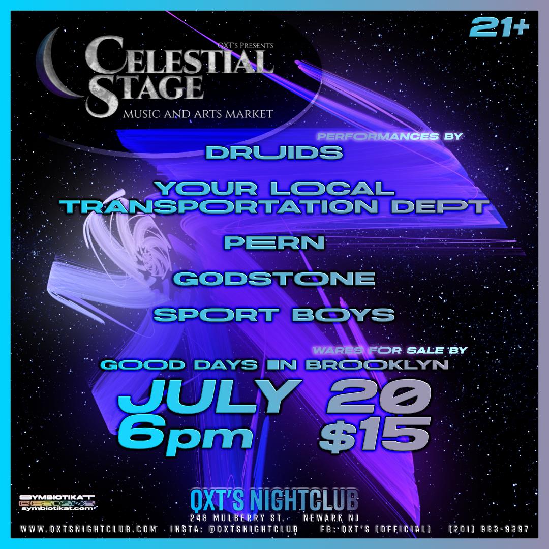 QXT's Celestial Stage proudly presents another amazing live show w/ performances by:
* DRUIDS
* YOUR LOCAL TRANSPORTATION DEPT
* PERN
* GODSTONE
* SPORT BOYS
Wares for sale by:
-- Good Days in Brooklyn
Doors @ 6PM
$15 adm
21+w/ ID
Kitchen open all night
Parking on/off streets.