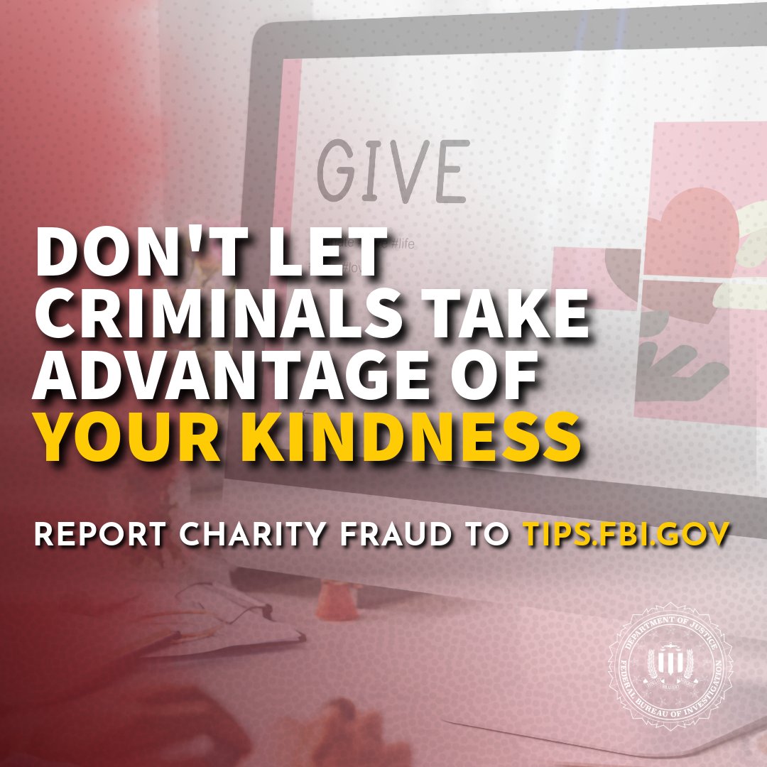 FBILasVegas's tweet image. Do you donate to charity following natural disasters? It is advisable to donate only via check or credit card. If a charity asks you to donate via cash, gift card, virtual currency, or wire transfer, it may indicate a scam. Learn more: ow.ly/VjMU50WqFsf.