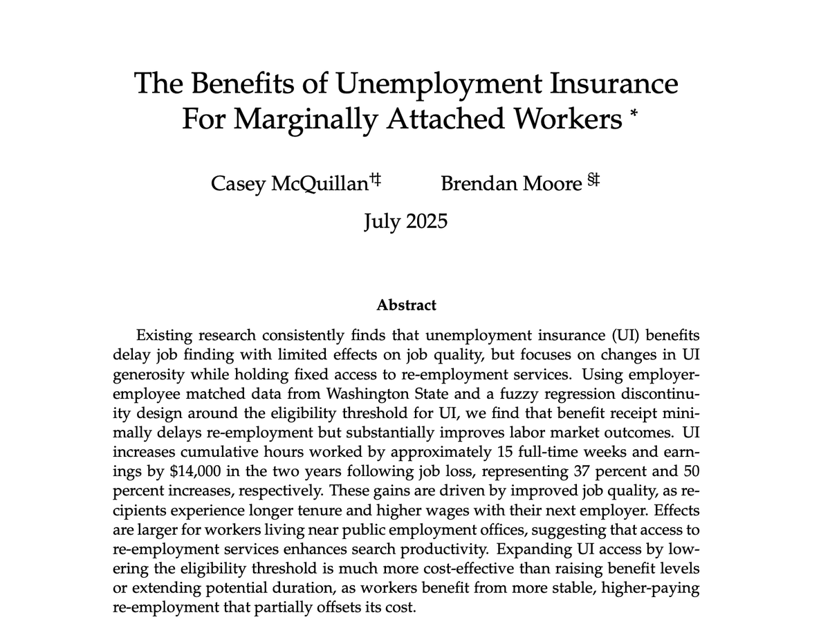 Casey McQuillan (@casey_mcquillan) on Twitter photo 🚨🚨🚨 NEW WORKING PAPER: "The Benefits of UI for Marginally Attached Workers" with <a href="/BrendanDMoore/">Brendan Moore</a>
➡️ We find that UI minimally delays re-employment, but substantially improves labor market outcomes for low-income workers
🧵1/13 🚨🚨🚨 NEW WORKING PAPER: "The Benefits of UI for Marginally Attached Workers" with <a href="/BrendanDMoore/">Brendan Moore</a>
➡️ We find that UI minimally delays re-employment, but substantially improves labor market outcomes for low-income workers
🧵1/13