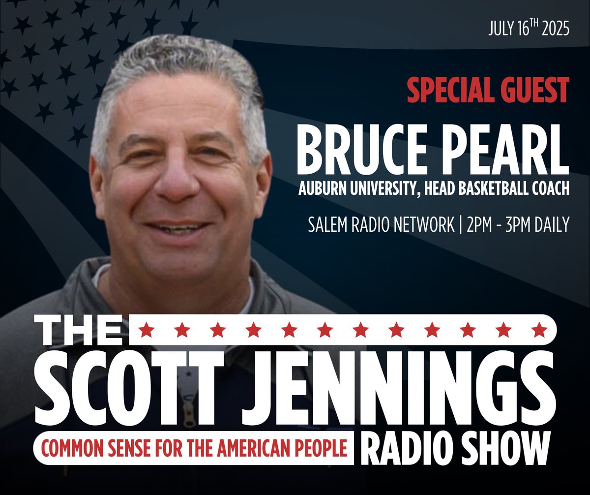 Don’t miss the Scott Jennings show today - live from 2-3pm Eastern on Salem radio. Talking the truth on Trump’s economic success and a special guest: <a href="/coachbrucepearl/">Bruce Pearl</a> joins us at 230! Excited for this one. Join us!