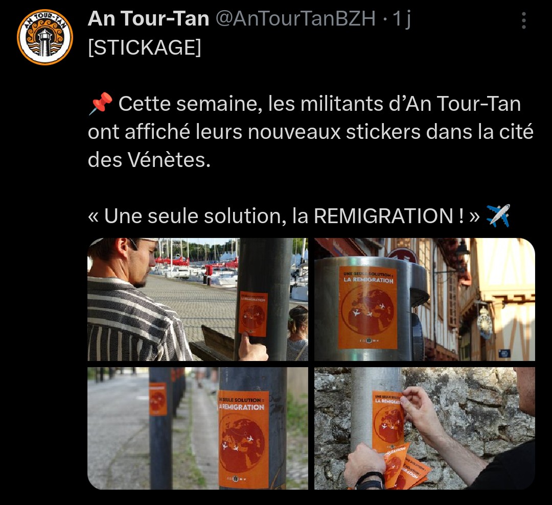 Salut les fachos ! 
Génial ces "stickers" sur la déportation forcée, le nettoyage ethnique. Une solution incroyable à laquelle personne n'a jamais pensé💡
Ça colle trop avec les valeurs Chrétiennes et Bretonnes 🤓

Par contre, ils semblent avait tous été arrachés ou recouverts 😭