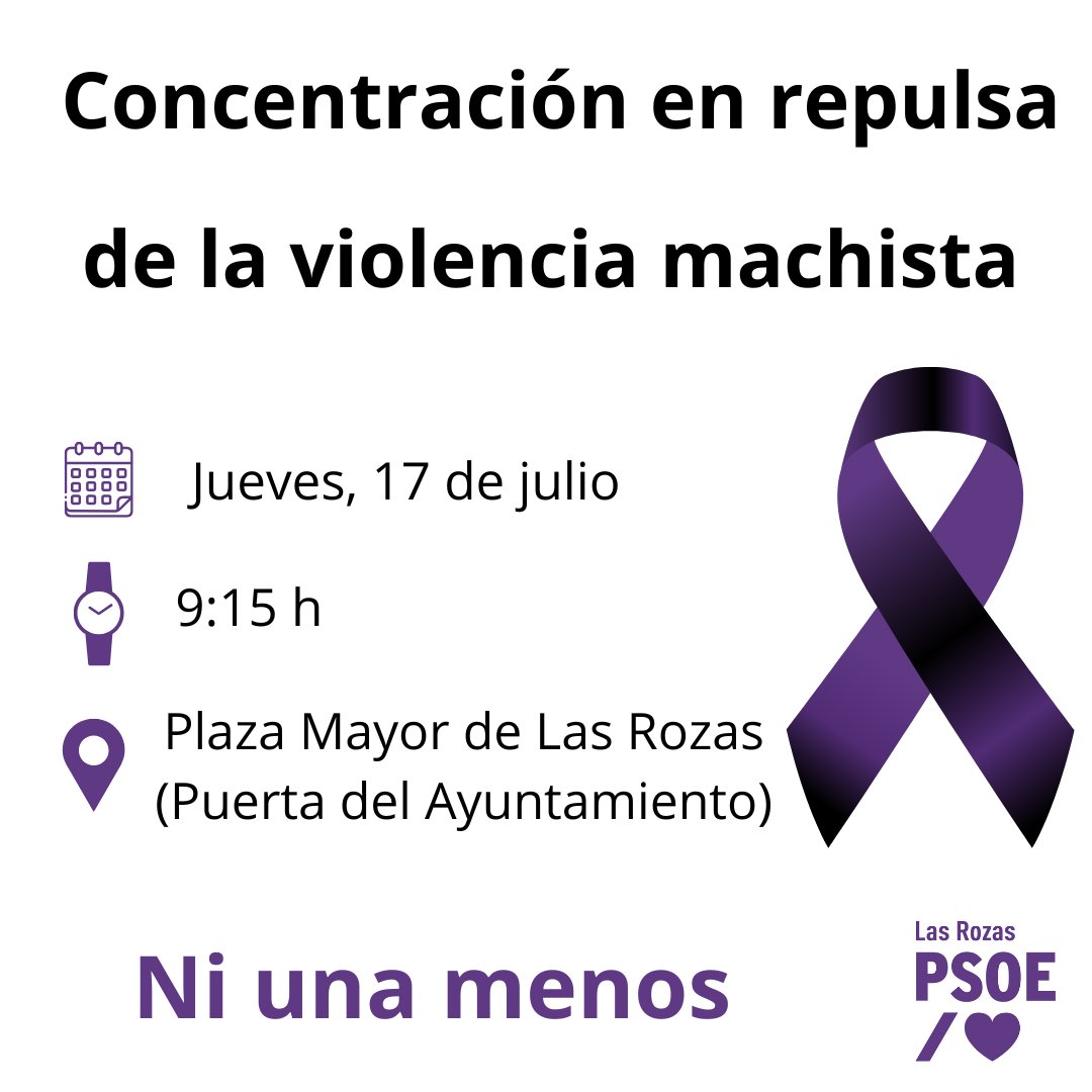 ⚫️Mañana, antes del Pleno Municipal, nos concentraremos en la puerta del Ayuntamiento de #LasRozas en repulsa de la violencia machista y como homenaje a las mujeres, niños y niñas asesinadas.

📅Jueves, 17 de julio
⌚️ 9:15 h
 📍  Plaza Mayor de #LasRozas

#niunamenos