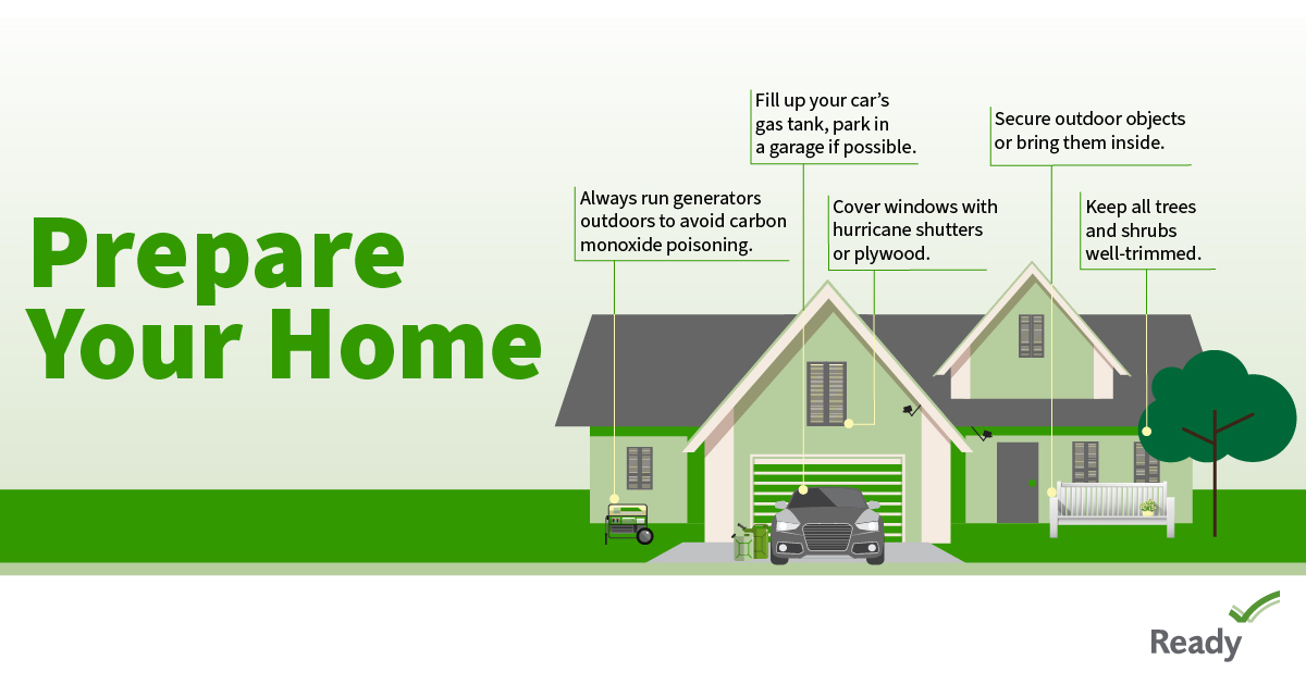 Readygov's tweet image. Hurricane season is happening now! Before a storm comes, strengthen your home.
- De-clutter drains & gutters.
- Secure outdoor objects or bring them inside.
- Consider getting a generator & other supplies for sheltering in place.
#HurricanePrep