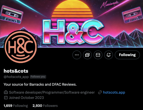 This is an insanely great resource for service members who currently serve and have reviews for the Barracks or Dining Facility/Chow Hall. They are doing GREAT things! True boots-on-the-ground results. 

<a href="/hotscots_app/">hots&cots</a>