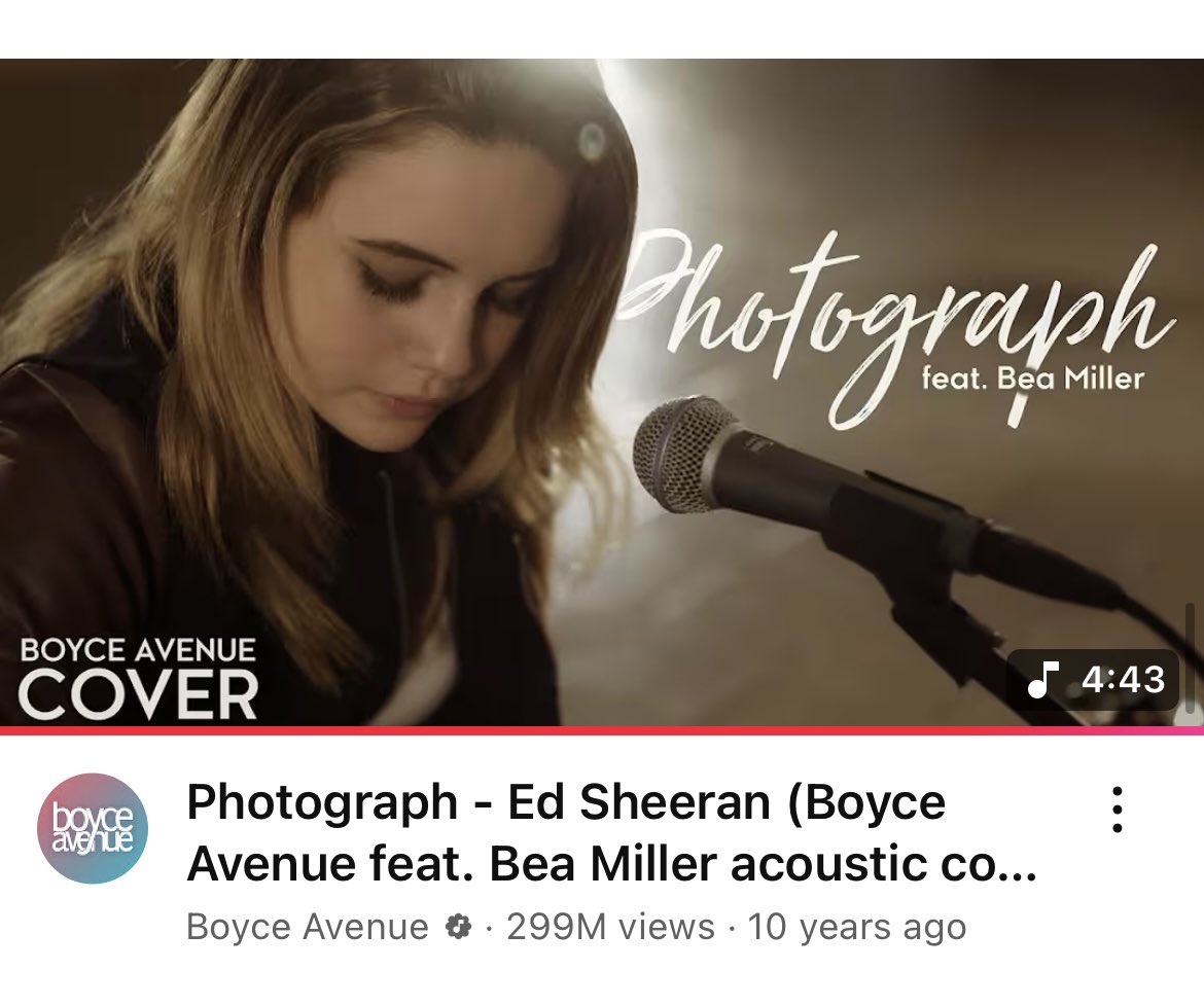 queenbeaupdates's tweet image. Bea’s cover of “photograph” with @BoyceAvenue is almost at 300 million views on YouTube! This video as well as her cover of “we can’t stop” are Boyce’s top viewed videos on his YouTube channel with 650,716,986 views combined! @beamiller