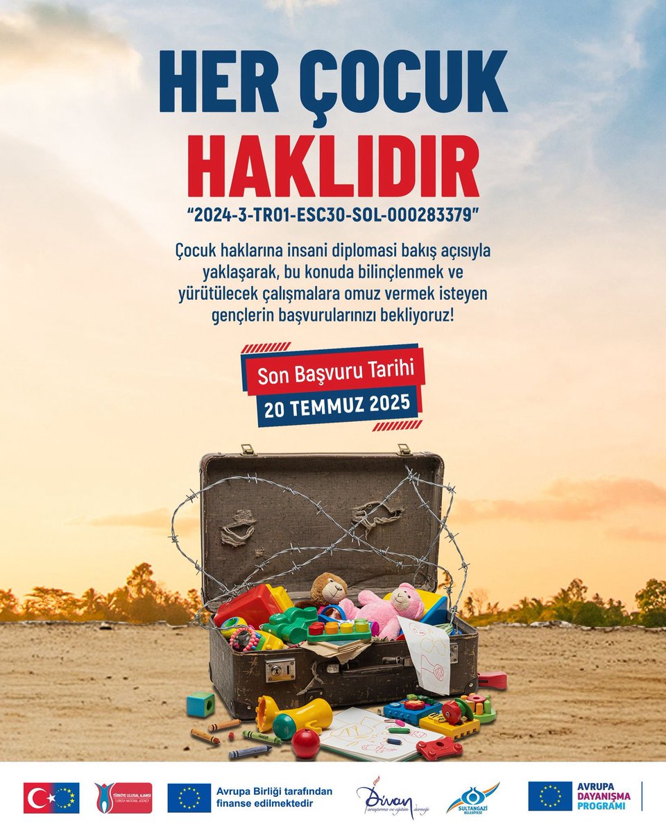 Türkiye Ulusal Ajansı tarafından desteklenen “Her Çocuk Haklıdır” projesi başvurulara açıldı!

🎯 18-30 yaş arasındaki tüm gençleri bu anlamlı gönüllülük sürecine katılmaya davet ediyoruz.

🗓 Son başvuru: 20 Temmuz 2025
🔗 Detaylı bilgi ve başvuru: divandernegi.com.tr/proje/her-cocu…