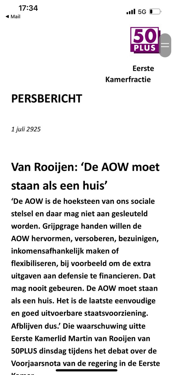 De AOW, de basis van onze sociale zekerheid, ligt alweer onder vuur

Afblijven, roept 50PLUS al jaren 

Versterk onze stem 29 oktober met uw stem

We zijn erg geschrokken van de Kaalslag op de AOW

En gaan in den Haag alles uit de kast halen 

AOW -ers komen in de verdrukking
(1)