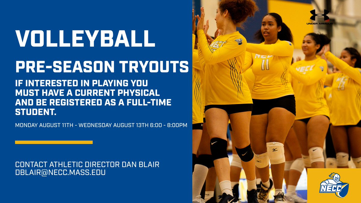 NECCKNIGHTS's tweet image. The women's volleyball team has announced pre-season tryout information beginning Monday August 11th at 6:00pm in the Sport and Fitness Center on the Haverhill campus.
Questions or additional information please contact Athletic Director Dan Blair