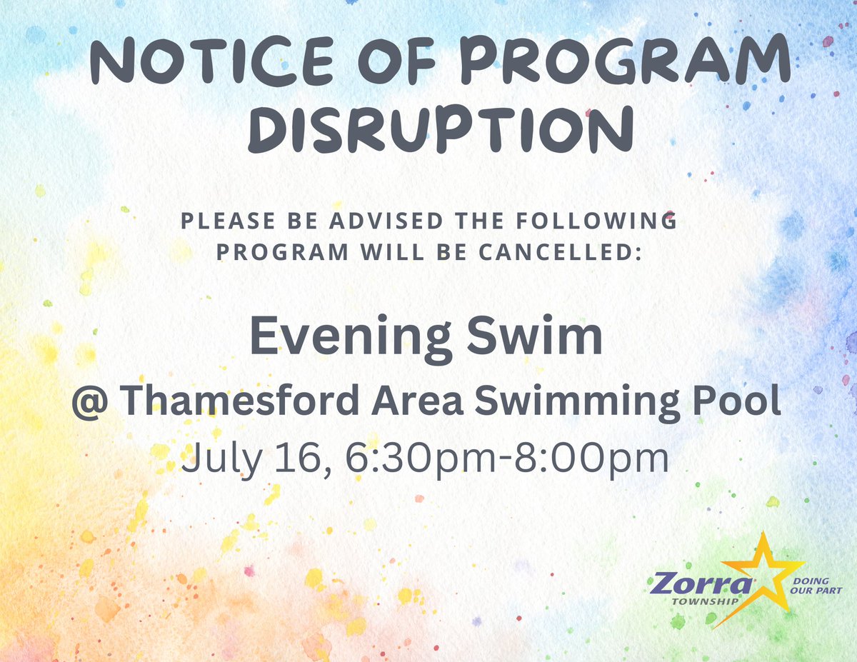 Evening swim is cancelled tonight due to a swim meet. Come on out and cheer on the Thamesford Tiger Sharks!