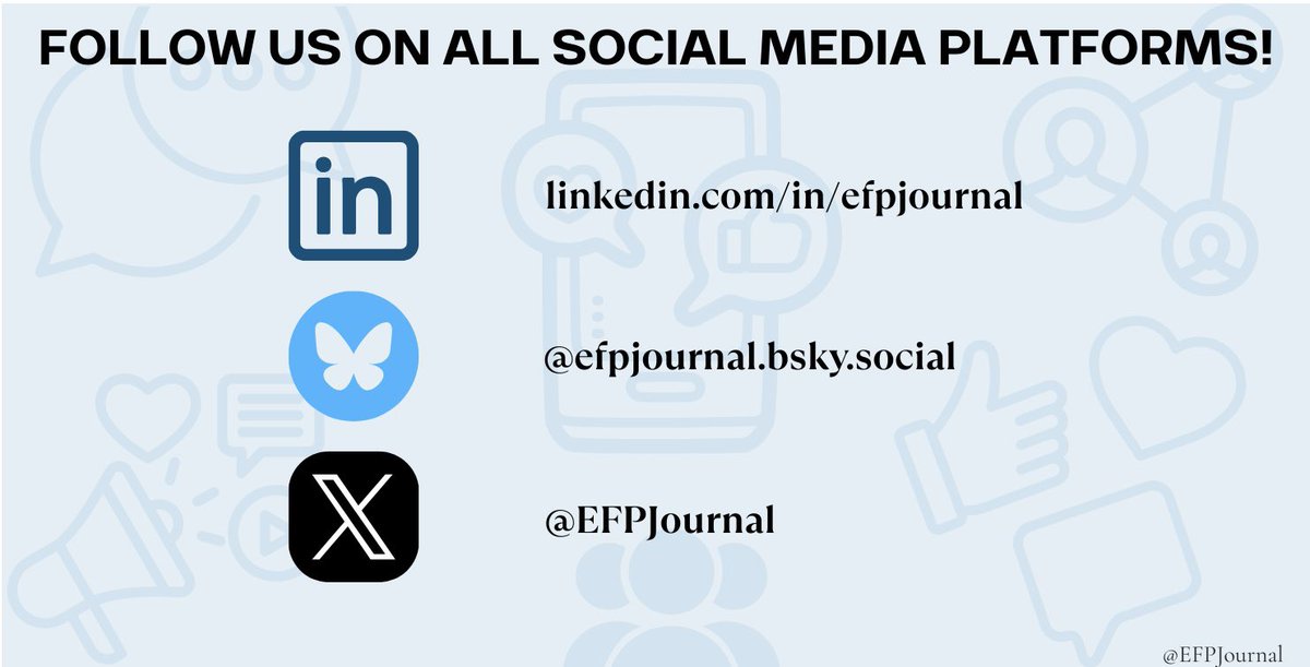 EFPJournal's tweet image. Don’t forget to follow us on all our social media channels!
LinkedIn: linkedin.com/in/efpjournal
BlueSky: @efpjournal.bsky.social
X: @EFPJournal
Don’t miss out! We’re sharing ideas, research, and updates across all platforms.
#EFP #FollowUs @aefpweb