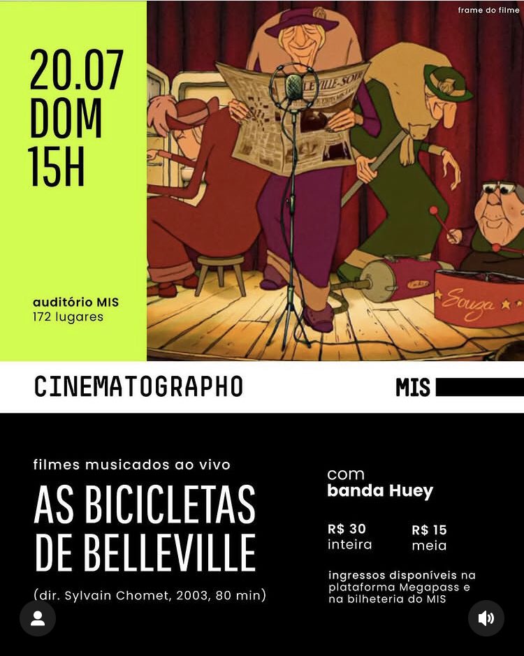 Domingo, 20/07, às 15:00 no <a href="/mis_sp/">Museu da Imagem e do Som</a> 
Show mais que especial do <a href="/hueyband/">hueyband</a> 
Sonorizaremos a incrível animação As Bicicletas de Belleville.