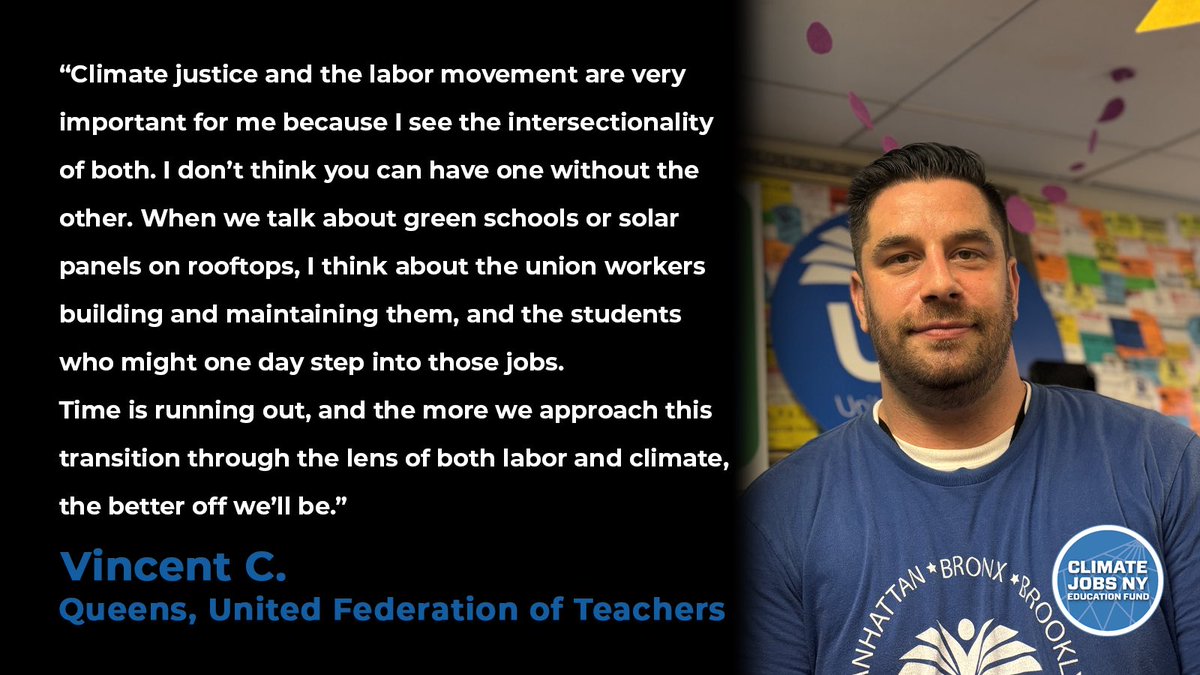 ClimateJobsNY's tweet image. Vinny, an @UFT teacher, sees how climate change is already affecting his students.
For him, climate justice means safe schools, clean air, and union jobs that build a more resilient future for the next generation.
#EnergyIndependenceMonth #UnionStrong